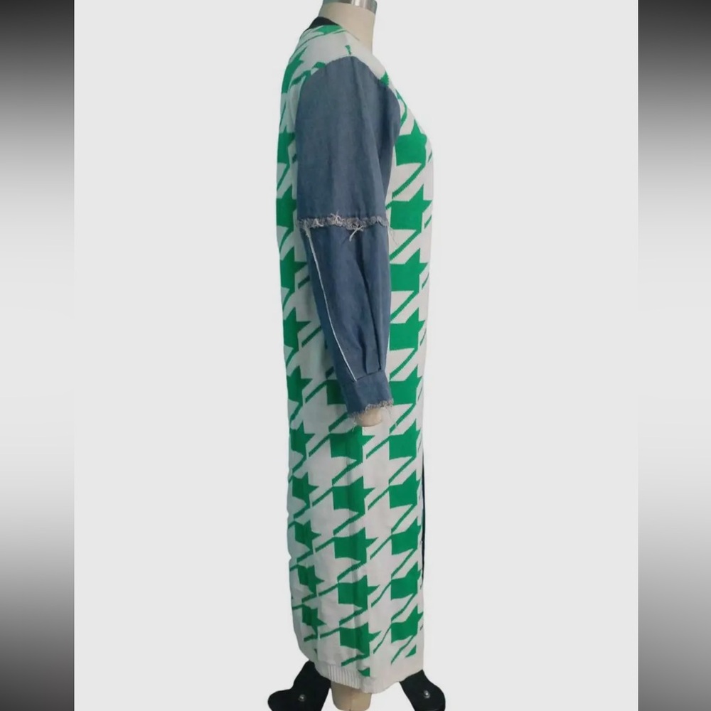 1094. Houndstooth Denim Patchwork Green and White Longline Cardigan - Picture 3 of 6